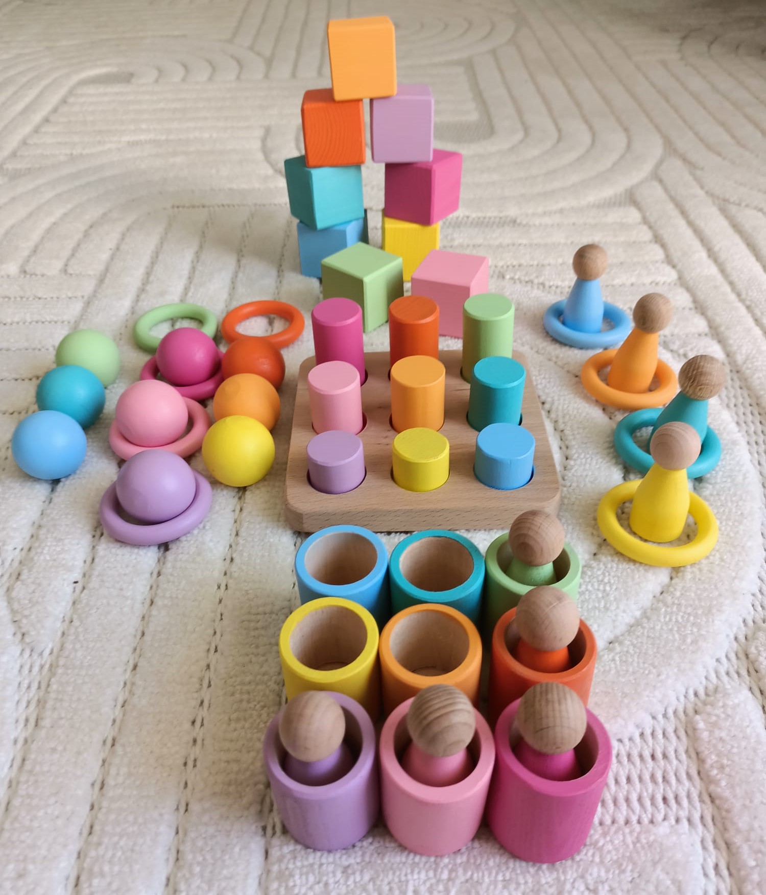 Montessori Eşleştirme Tablalı Silindir Halka Peg Bebek Kase Küp Seti - 9 Renk gorsel 9