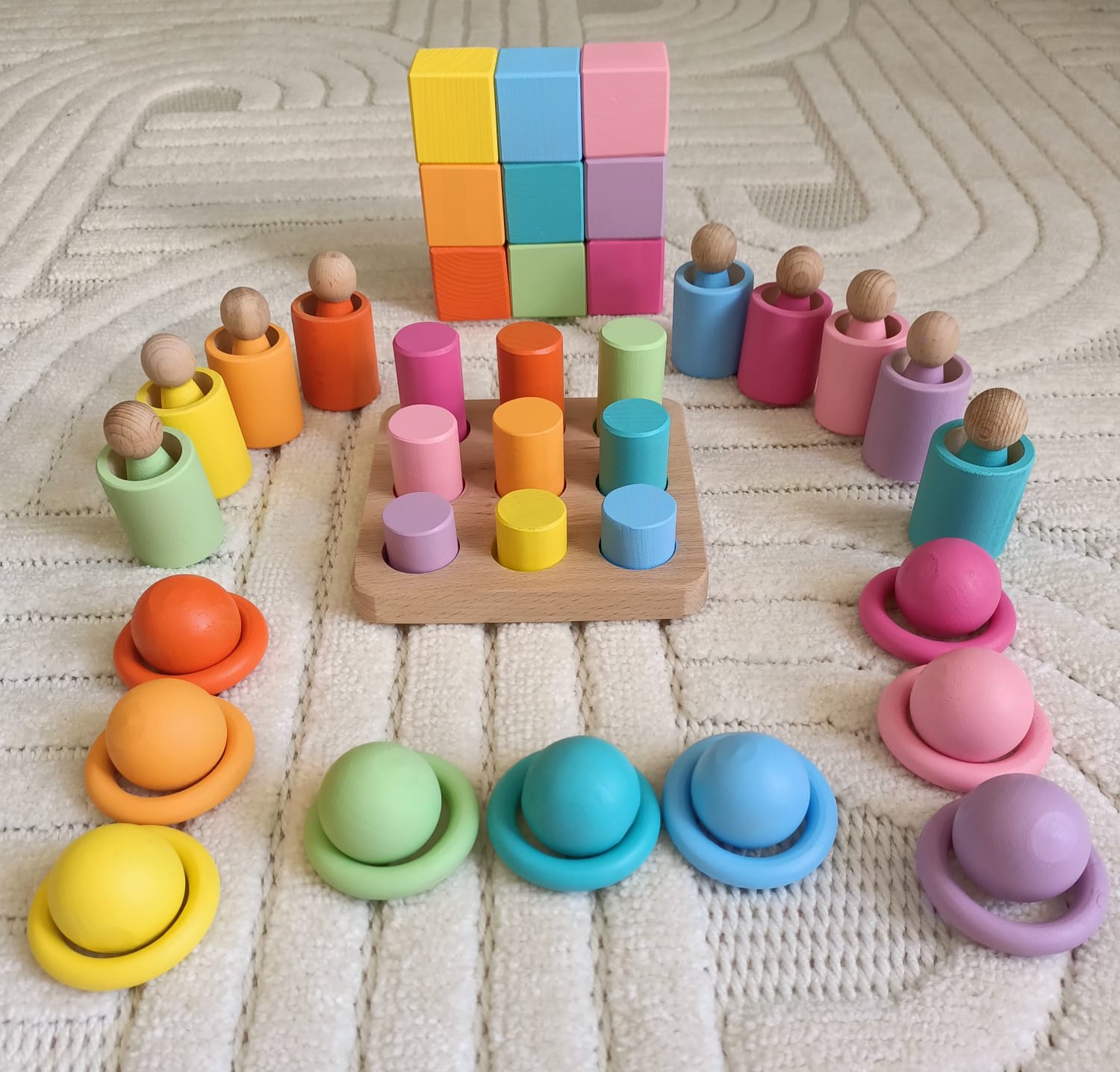 Montessori Eşleştirme Tablalı Silindir Halka Peg Bebek Kase Küp Seti - 9 Renk gorsel 8
