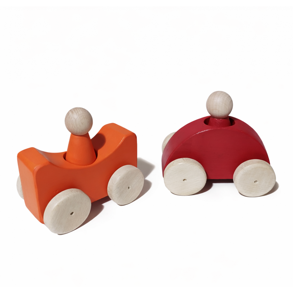 Montessori Renkli Ahşap Arabalar (Kırmızı-Turuncu)