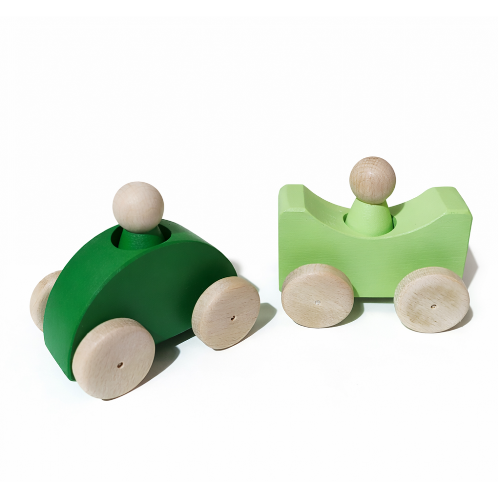 Montessori Renkli Ahşap Arabalar (Yeşil-Açık Yeşil)