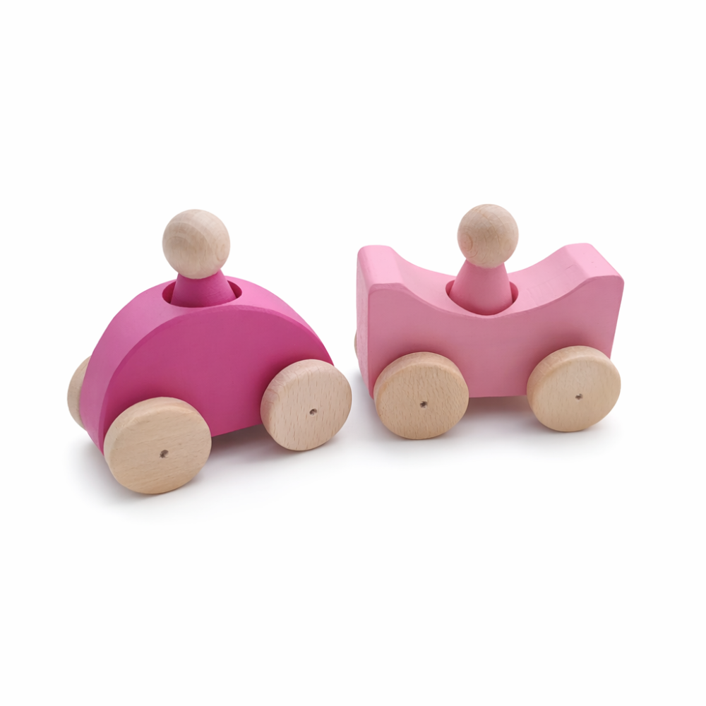 Montessori Renkli Ahşap Arabalar (Pembe-Bebek Pembe)