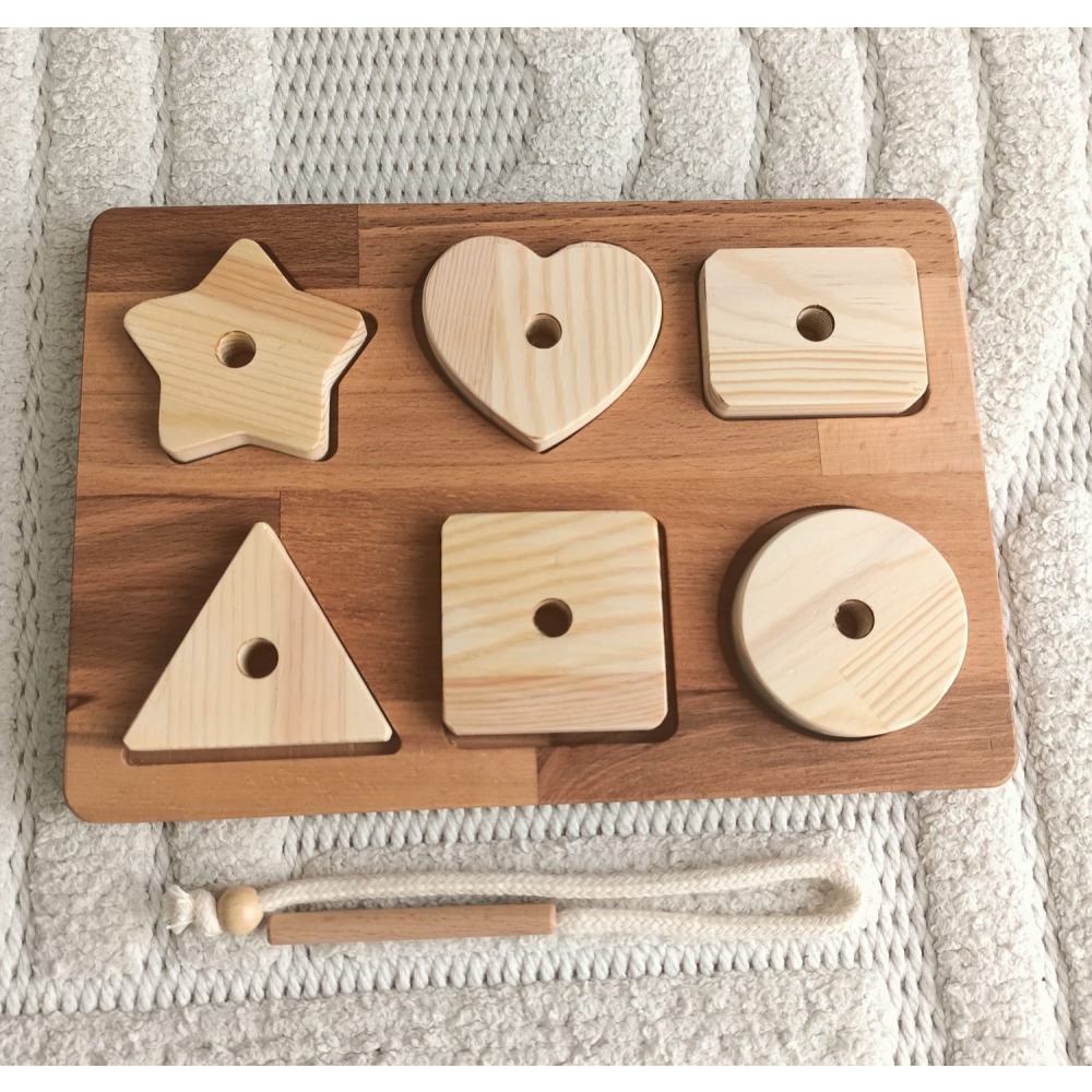 Montessori Tak Çıkar Geometrik Şekiller ve İp Geçirme Ahşap Oyun Seti